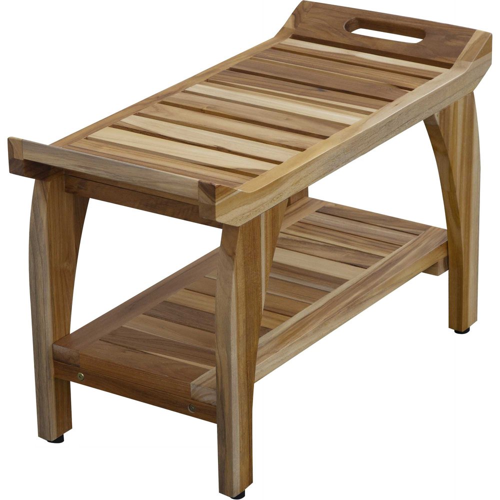 Banco de ducha exterior rectangular de teca de 73 cm con asas y acabado natural