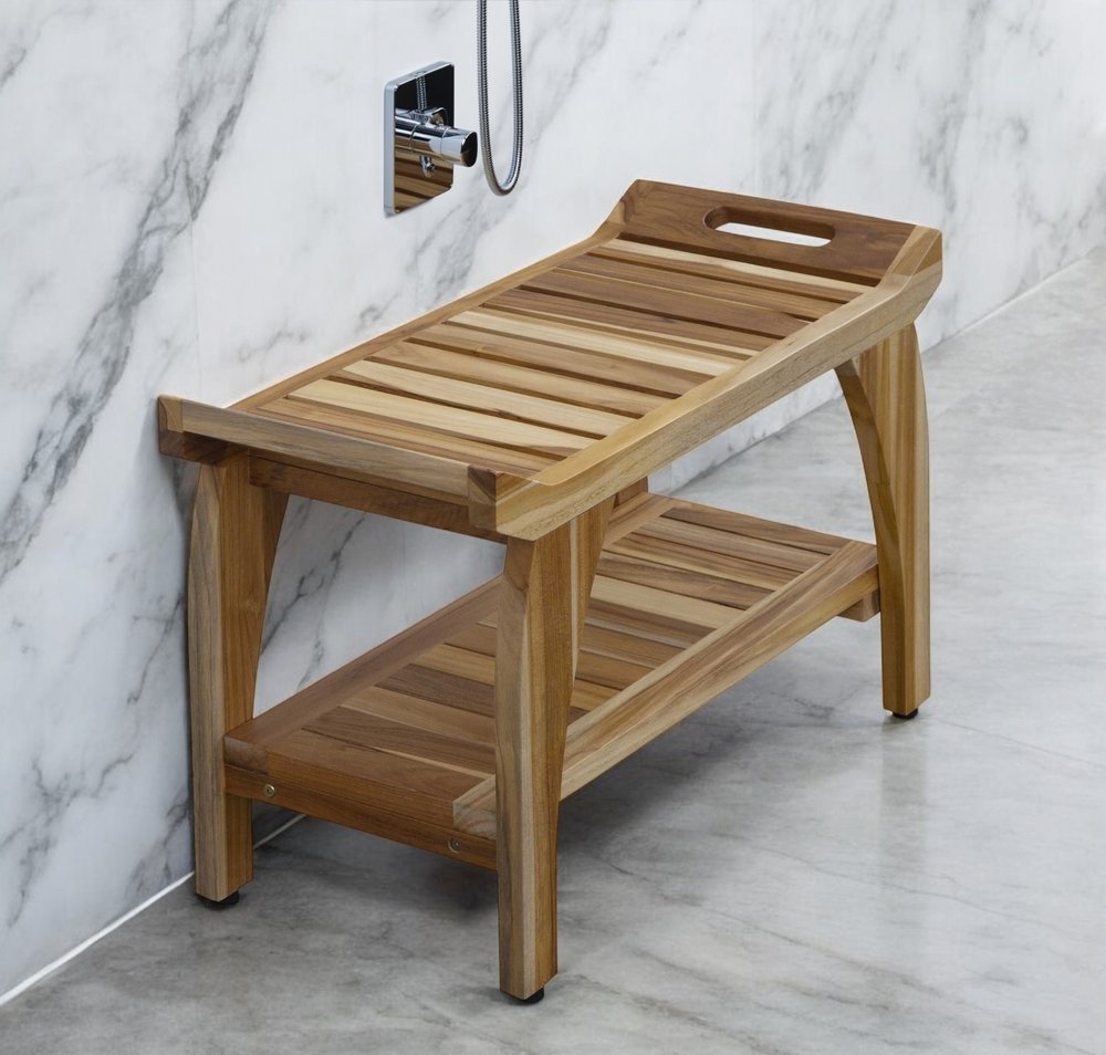 Banco de ducha exterior rectangular de teca de 73 cm con asas y acabado natural
