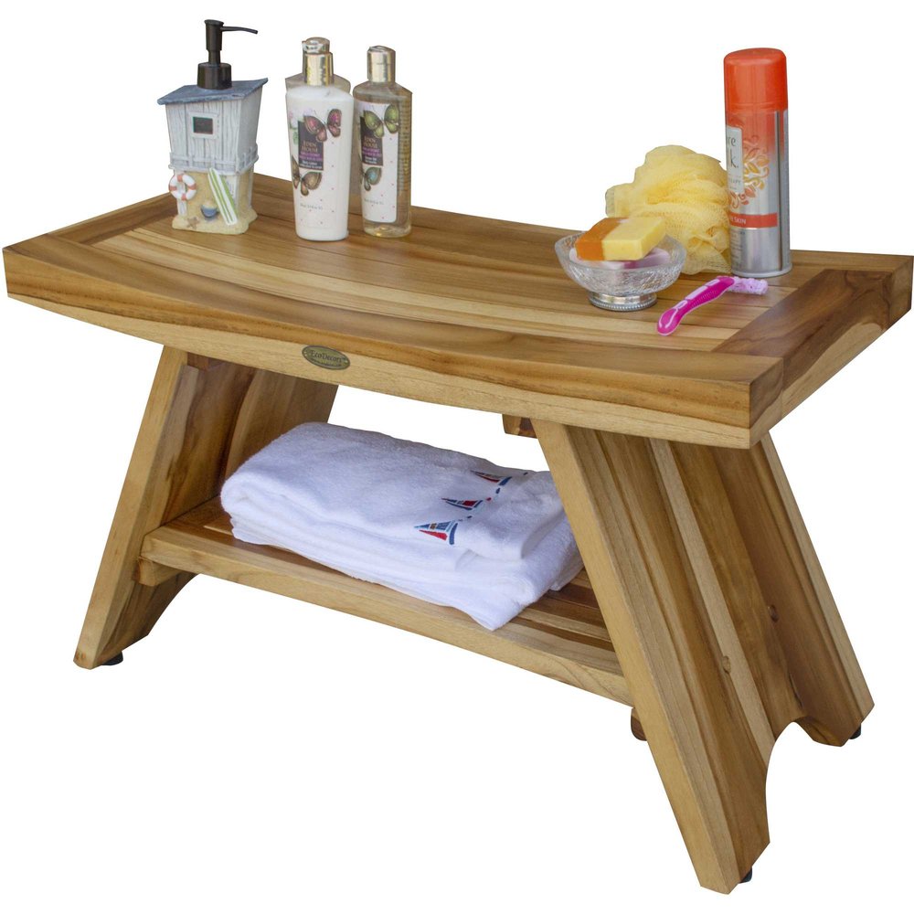 Taburete o banco de ducha rectangular de teca con estante en acabado natural