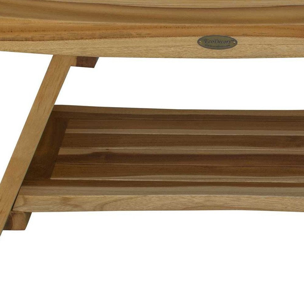 Taburete o banco de ducha rectangular de teca con estante en acabado natural