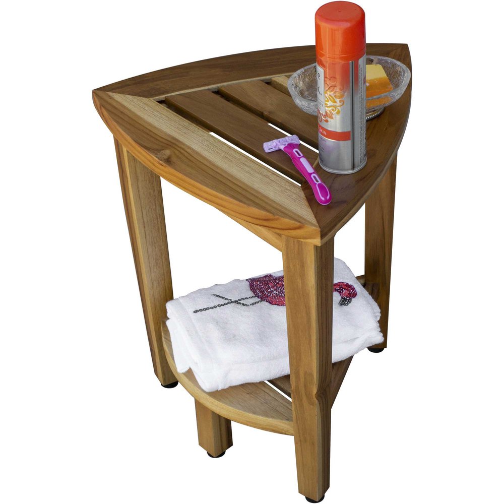 Ducha esquinera compacta de teca o banco de exterior con estante en acabado natural
