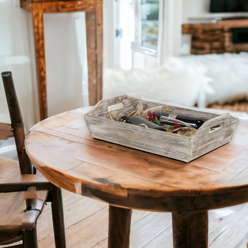 Bandeja para servir de madera con acabado rústico blanco y asas