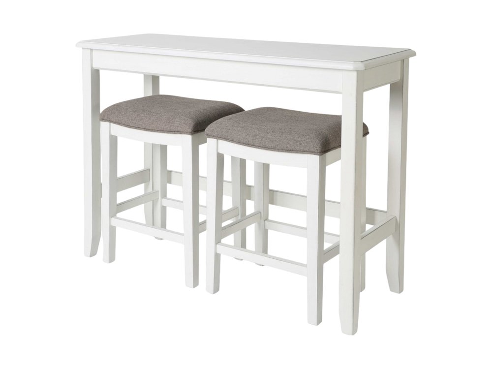 Mesa de bar rectangular de madera blanca de tres piezas de 49" con dos taburetes