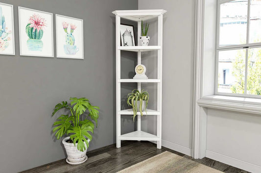 Librería esquinera de madera maciza blanca