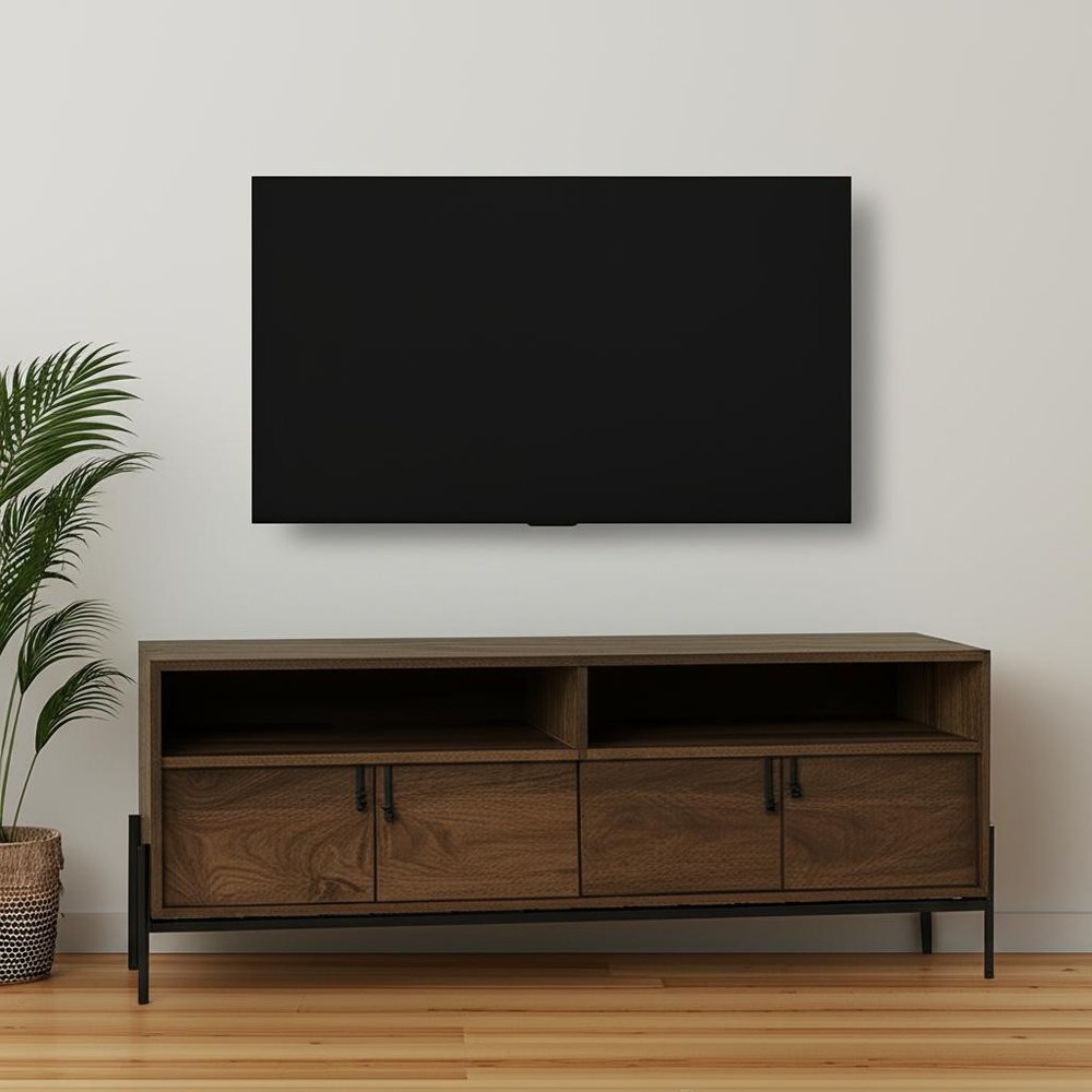 62" Brown and Black Solid Wood Cabinet Enclosed Storage TV Stand