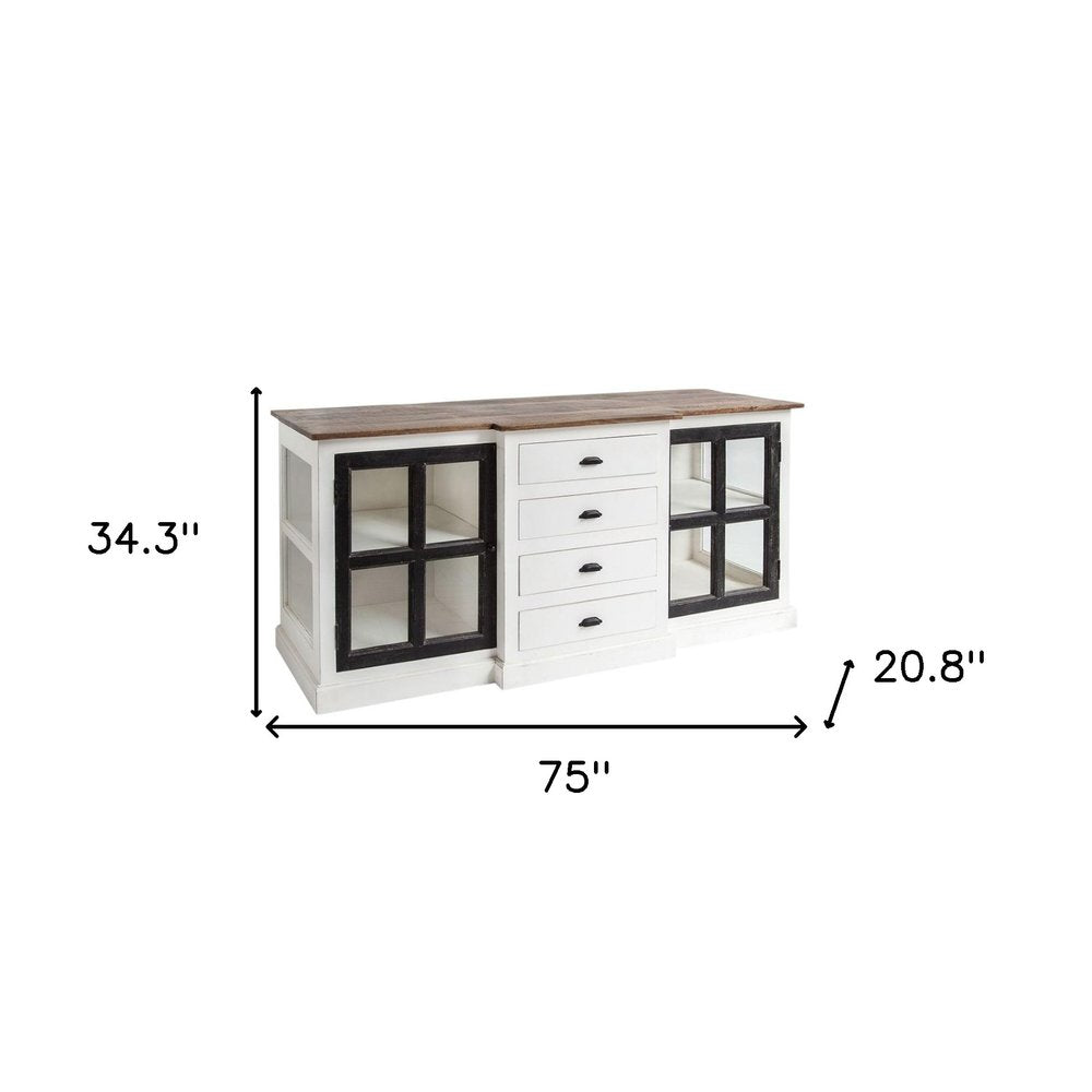 75" Brown Black And White Solid Wood Four Drawer Sideboard with Two Glass Doors