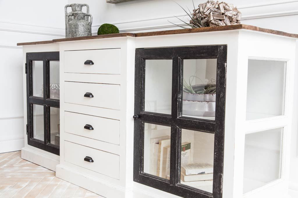 75" Brown Black And White Solid Wood Four Drawer Sideboard with Two Glass Doors