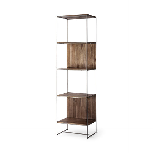 Librería de cuatro niveles de madera y metal marrón y plateado de 71"