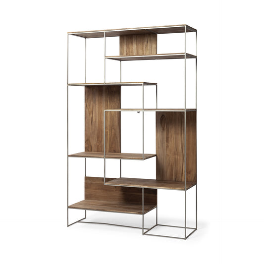 Librería de seis niveles de madera y metal marrón y plateado de 75"