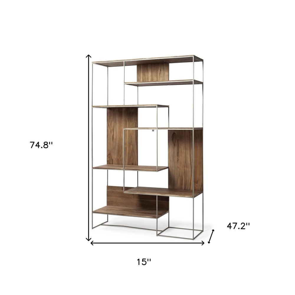Librería de seis niveles de madera y metal marrón y plateado de 75"