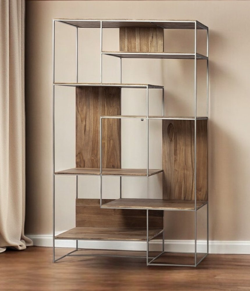 Librería de seis niveles de madera y metal marrón y plateado de 75"