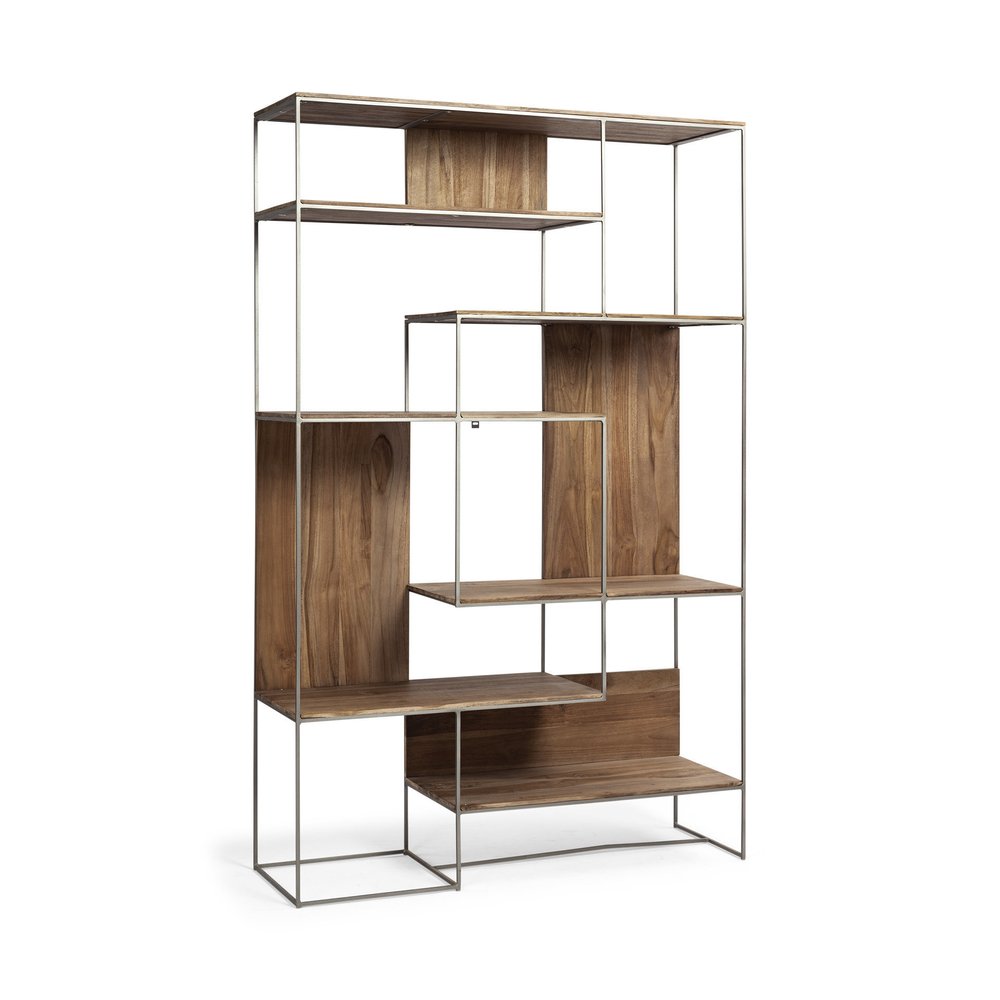 Librería de seis niveles de madera y metal marrón y plateado de 75"