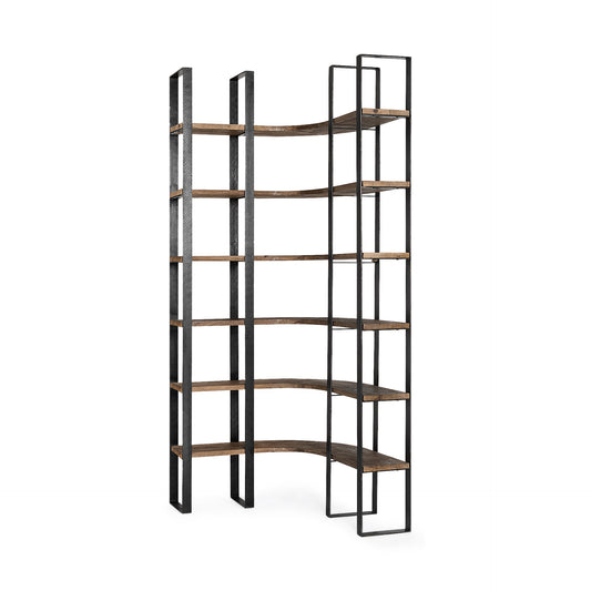 Librería de seis niveles de hierro y madera, color negro y marrón, de 90"