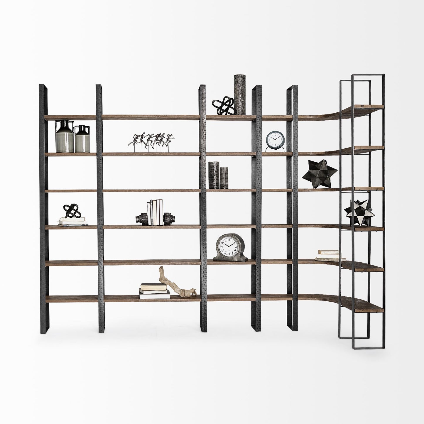 Librería de seis niveles de hierro y madera, color negro y marrón, de 90"