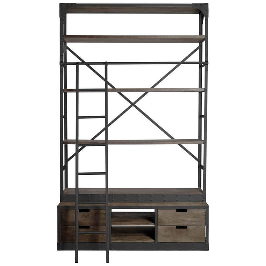 Librería de cuatro niveles con escalera de madera y metal marrón de 94"