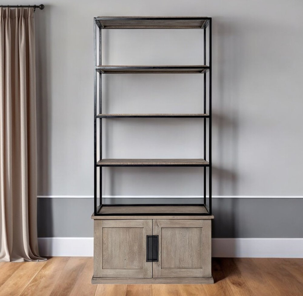 Librería de tres niveles de hierro y madera marrón de 90"