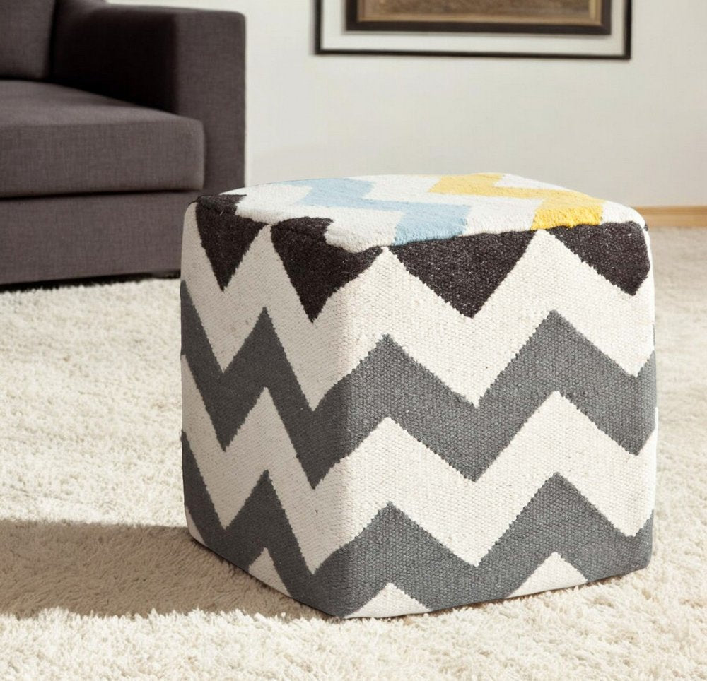 18" Ivory Geometric Pouf Ottoman