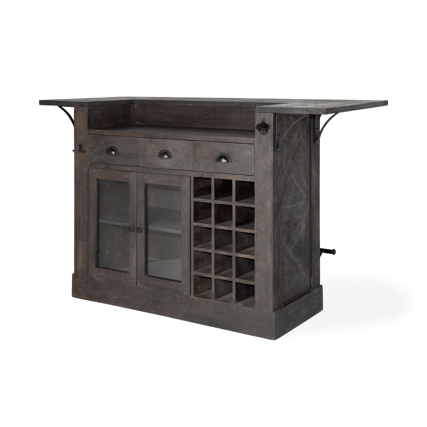Isla de cocina de madera maciza gris con almacenamiento para botellas de vino