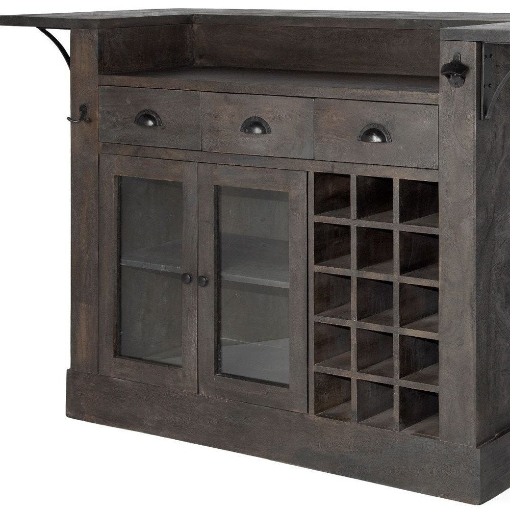 Isla de cocina de madera maciza gris con almacenamiento para botellas de vino
