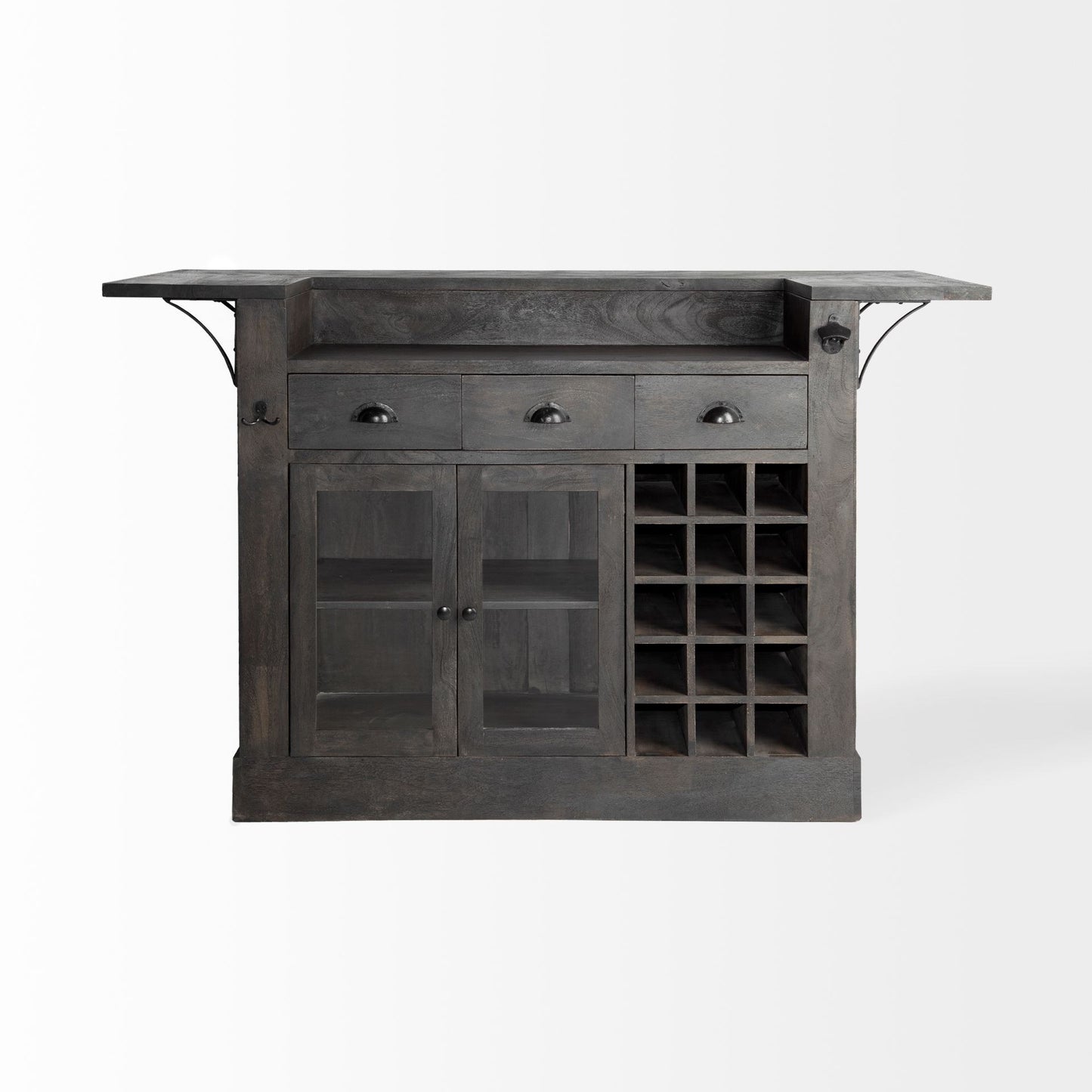 Isla de cocina de madera maciza gris con almacenamiento para botellas de vino