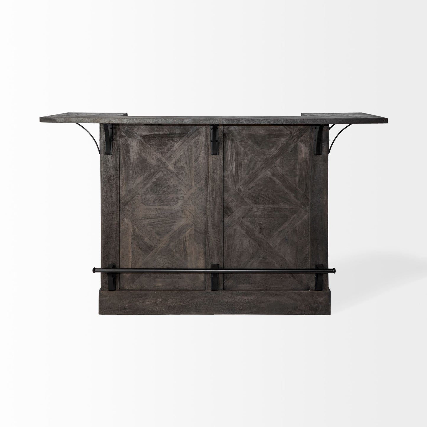 Isla de cocina de madera maciza gris con almacenamiento para botellas de vino