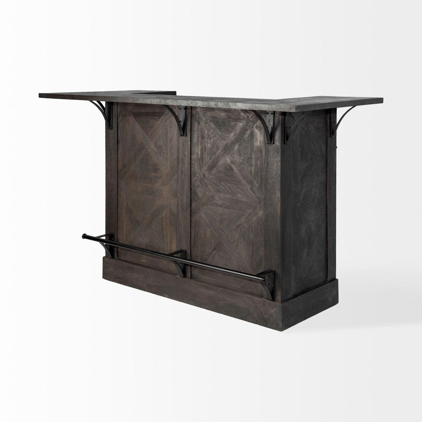 Isla de cocina de madera maciza gris con almacenamiento para botellas de vino