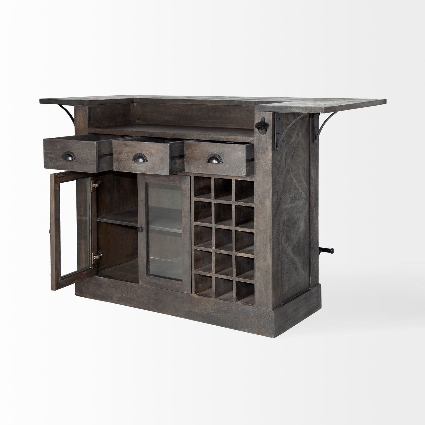 Isla de cocina de madera maciza gris con almacenamiento para botellas de vino