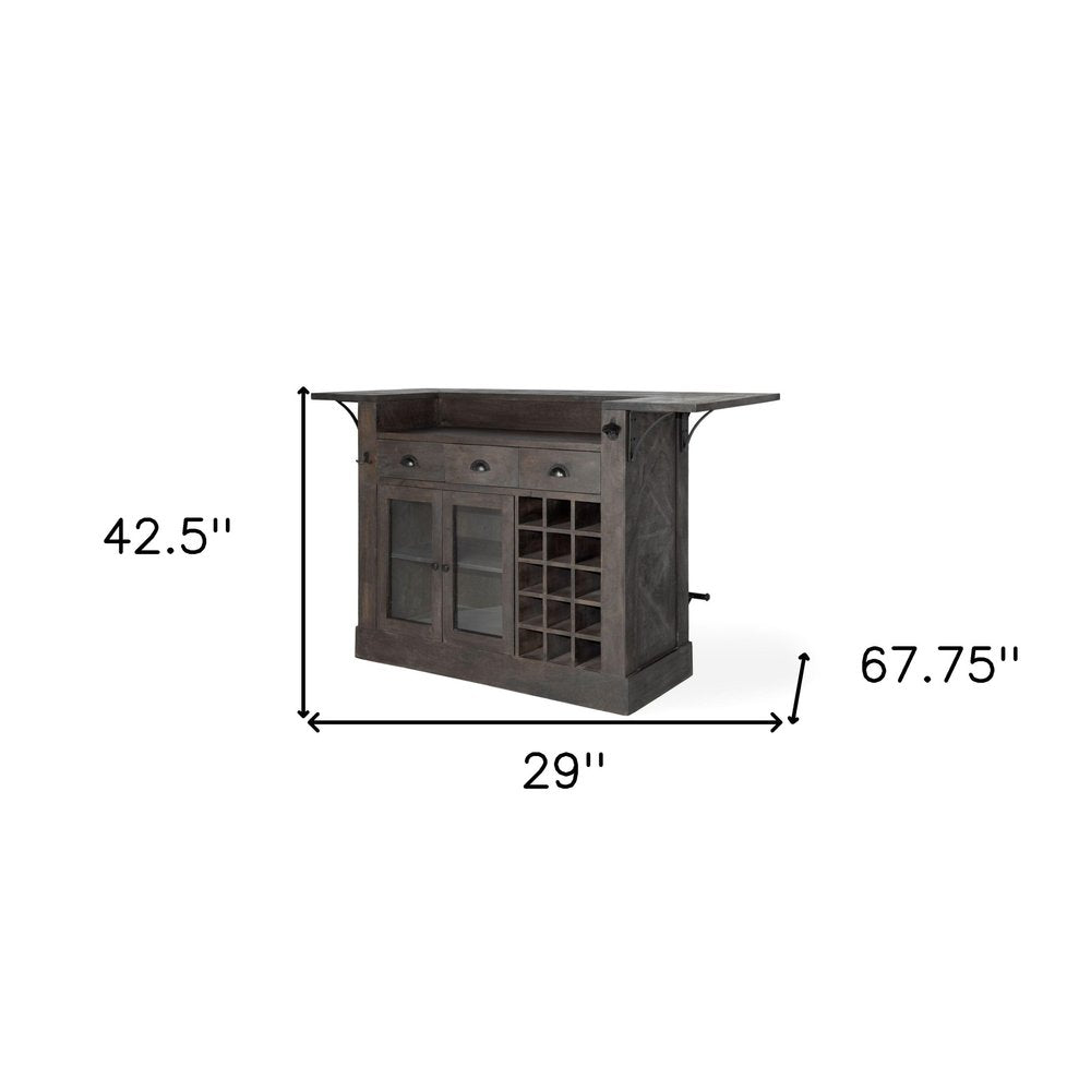 Isla de cocina de madera maciza gris con almacenamiento para botellas de vino
