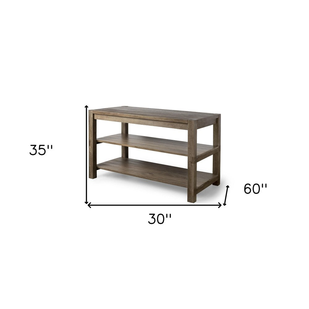 Isla de cocina de madera maciza marrón con encimera lisa de dos niveles