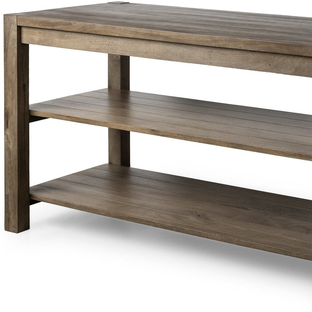 Isla de cocina de madera maciza marrón con encimera lisa de dos niveles