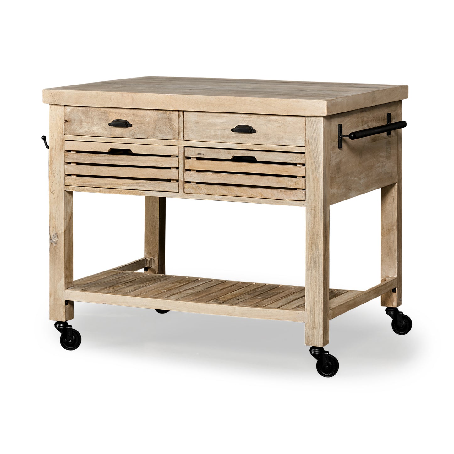 Isla de cocina rodante de madera maciza natural de 32" con espacio de almacenamiento