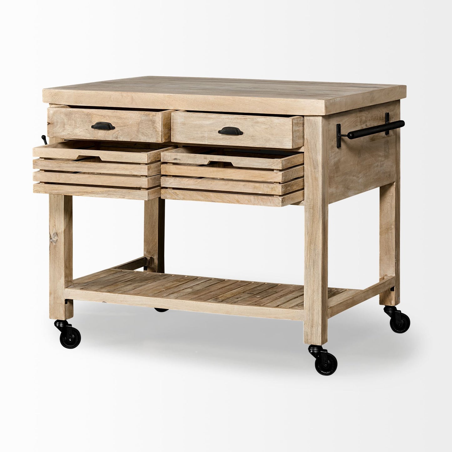 Isla de cocina rodante de madera maciza natural de 32" con espacio de almacenamiento