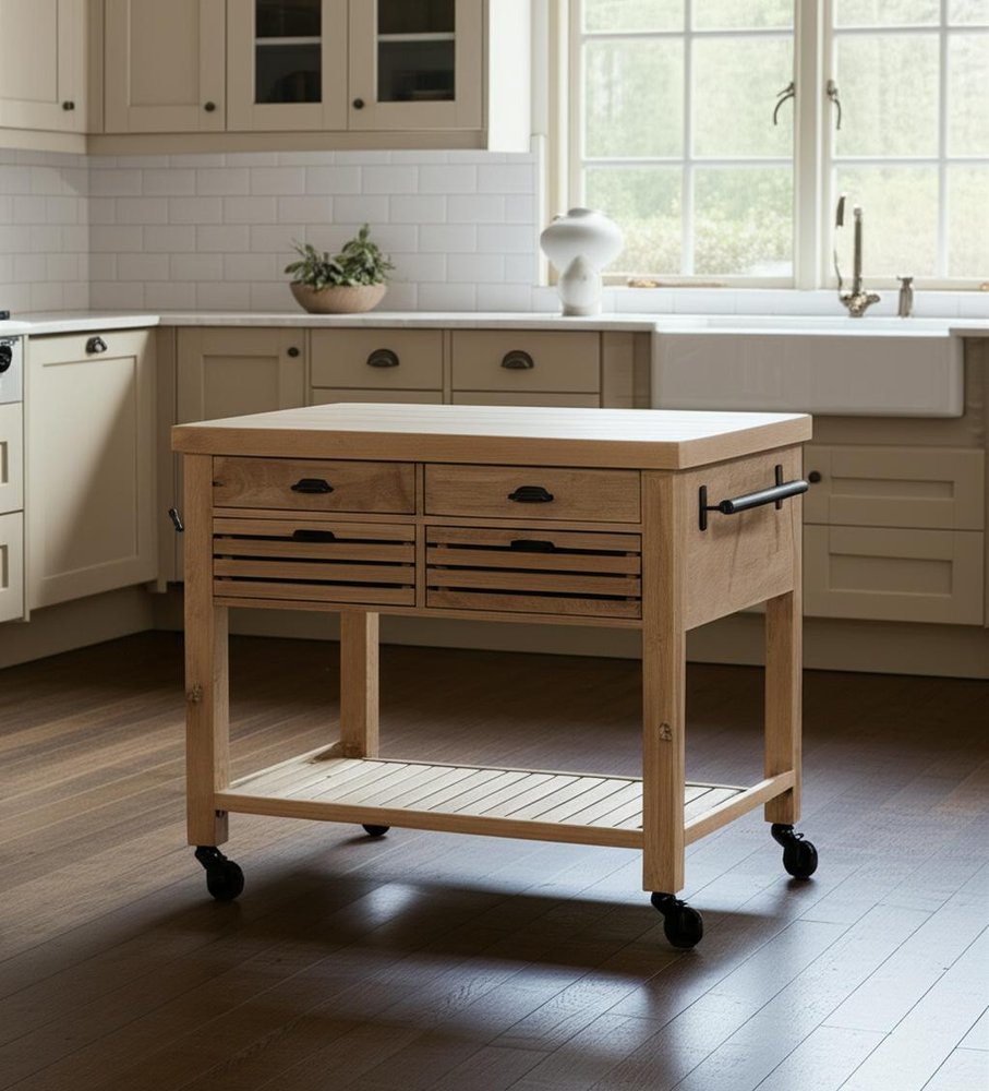 Isla de cocina rodante de madera maciza natural de 32" con espacio de almacenamiento