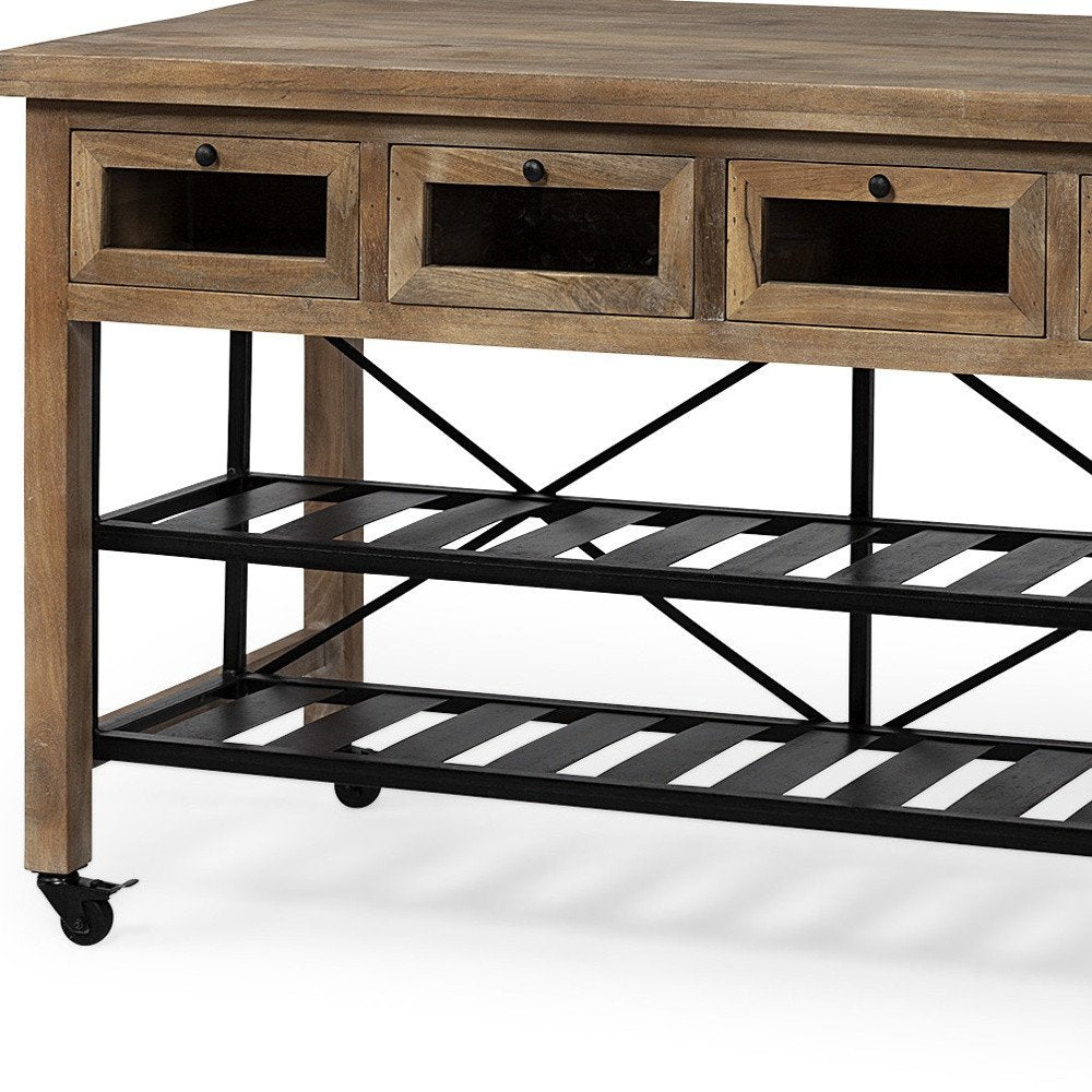 Isla de cocina con encimera de madera maciza marrón y ruedas de metal negro de dos niveles