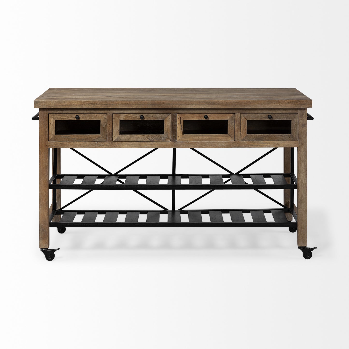 Isla de cocina con encimera de madera maciza marrón y ruedas de metal negro de dos niveles