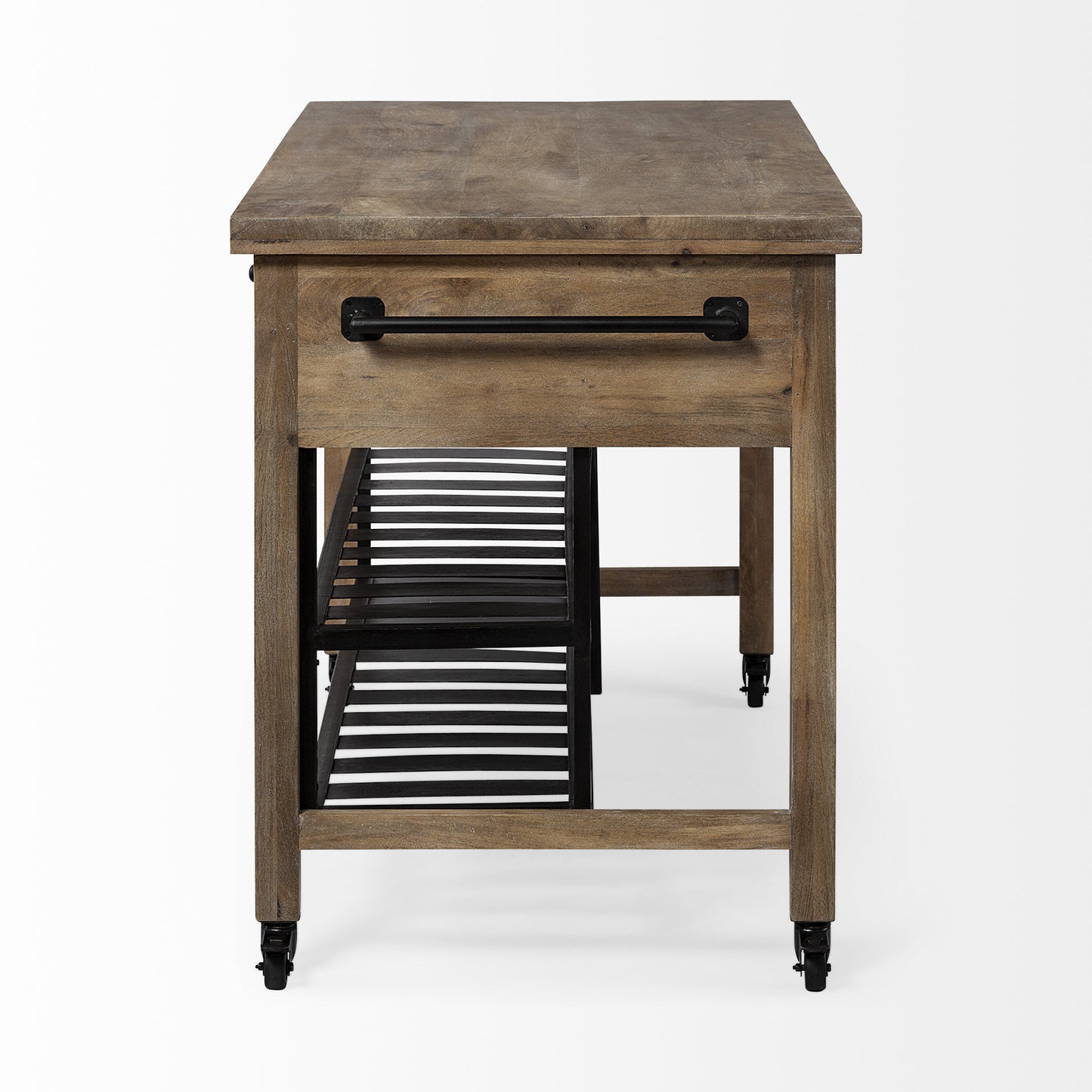 Isla de cocina con encimera de madera maciza marrón y ruedas de metal negro de dos niveles