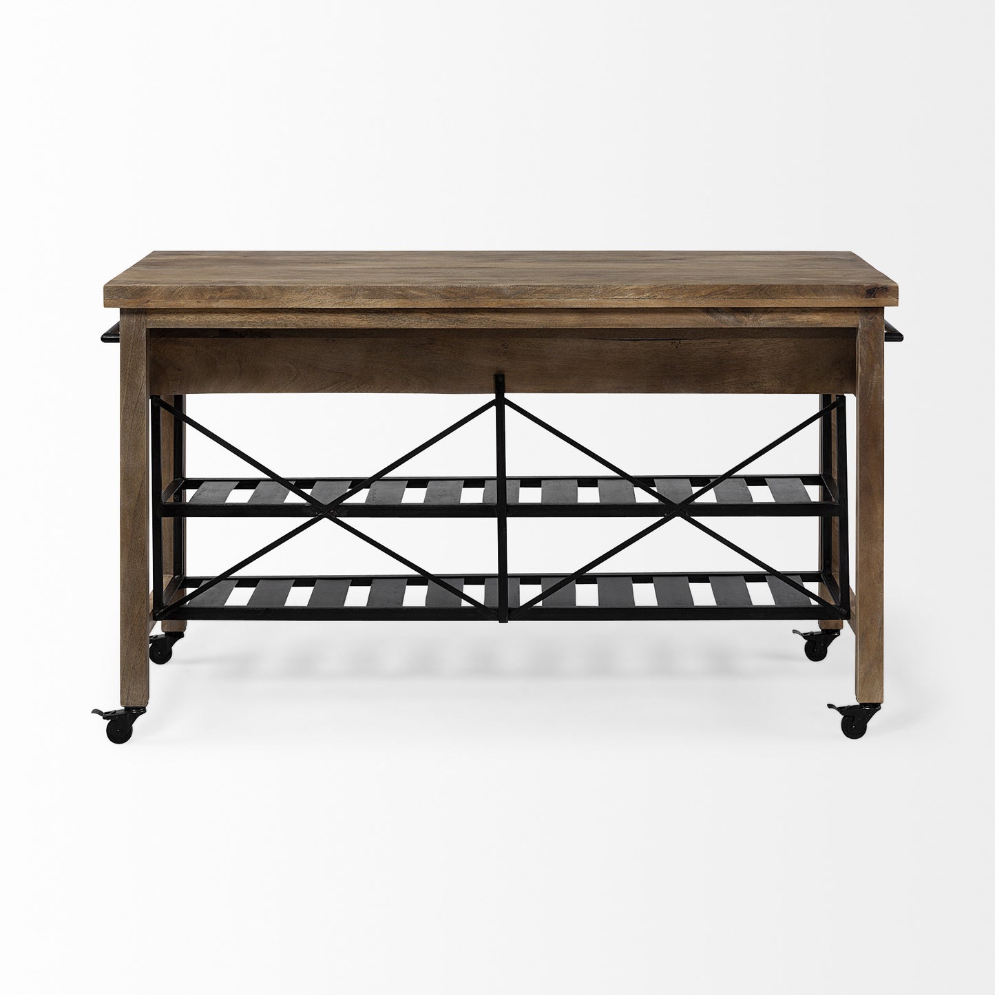 Isla de cocina con encimera de madera maciza marrón y ruedas de metal negro de dos niveles
