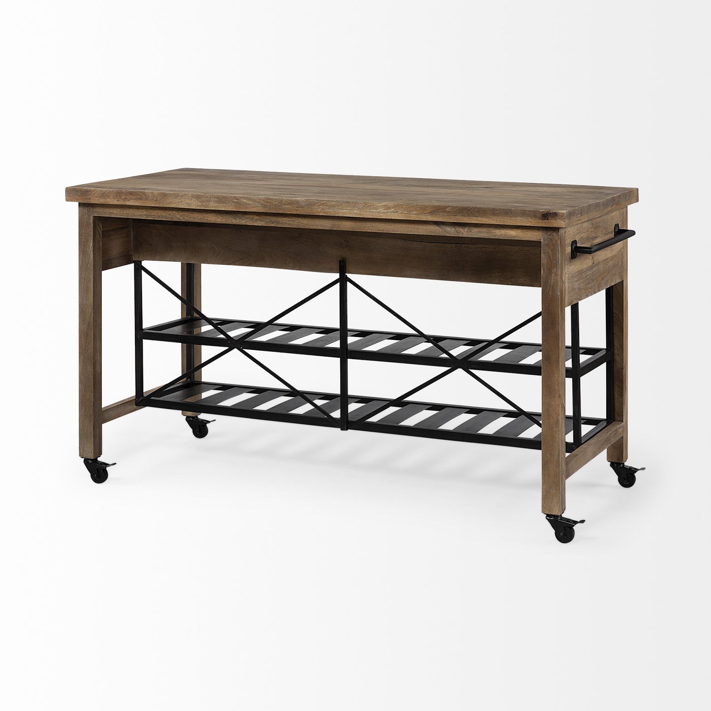 Isla de cocina con encimera de madera maciza marrón y ruedas de metal negro de dos niveles