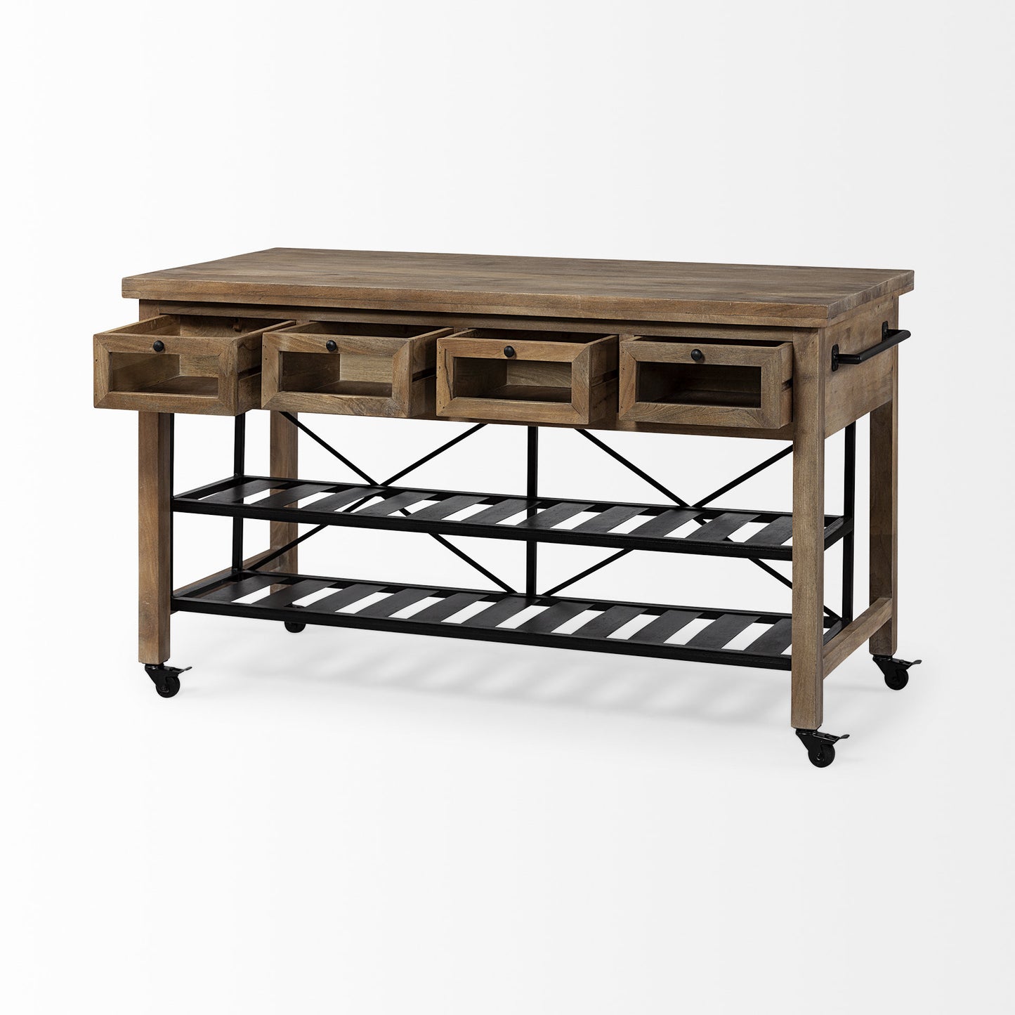 Isla de cocina con encimera de madera maciza marrón y ruedas de metal negro de dos niveles