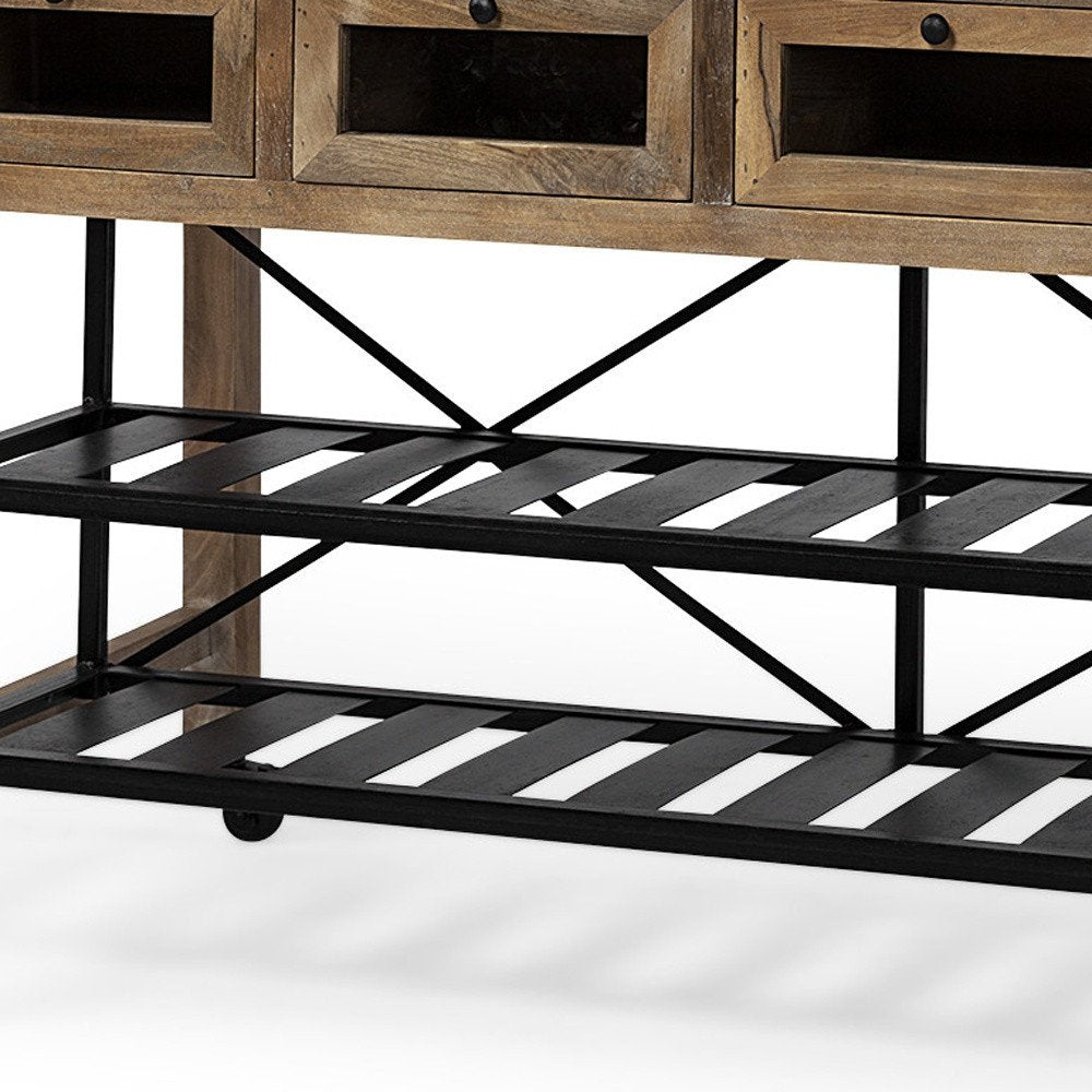 Isla de cocina con encimera de madera maciza marrón y ruedas de metal negro de dos niveles