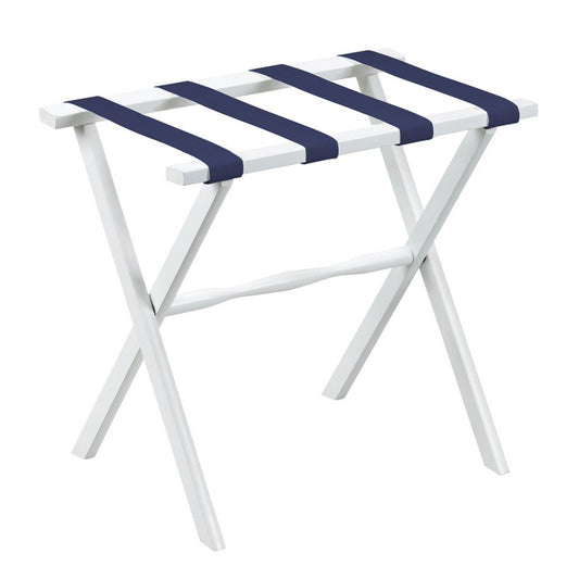 Portaequipajes plegable de madera con acabado blanco y correas azul marino para hotel