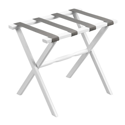 Portaequipajes plegable de madera con acabado blanco y correas grises para hotel