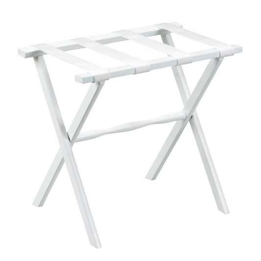 Portaequipajes plegable de madera con acabado blanco y correas blancas para hotel