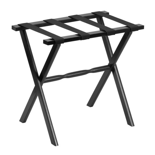 Portaequipajes plegable de madera con acabado negro y correas negras para hotel