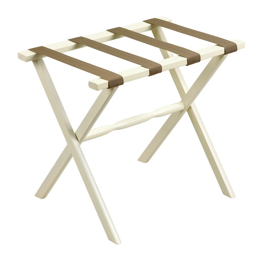 Portaequipajes plegable de madera con acabado marfil y correas color canela para hotel