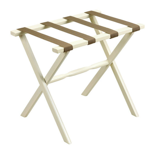 Portaequipajes plegable de madera con acabado marfil y correas color canela para hotel