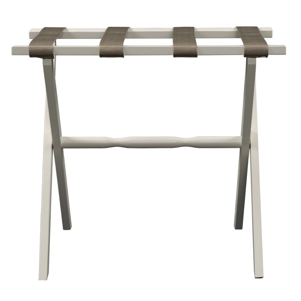 Portaequipajes plegable de madera con acabado marfil y correas color canela para hotel