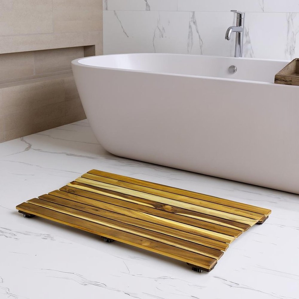 Alfombra de baño antideslizante de 23" con listones de teca marrón
