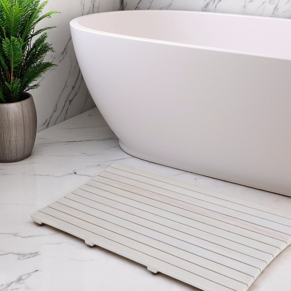 Alfombra de baño antideslizante de listones de teca blanca de 40"