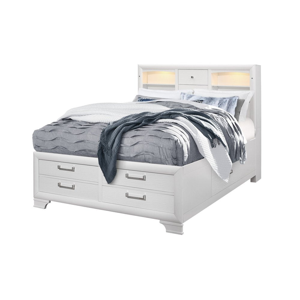 White Solid Wood Lighted Full Bed Frame With Drawers